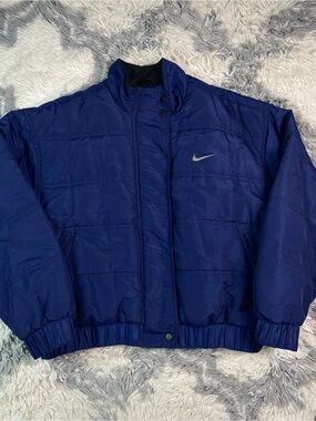 Vintage Nike Swoosh Embroidered Puffer Jacket 90s Navy Blue Size L Kids/ Wmns S